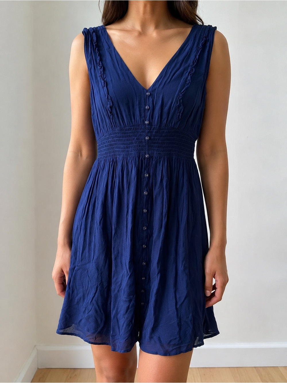 Label Ritu Kumar Navy Blue Sleeveless V-Neck Button Front Midi Dress S